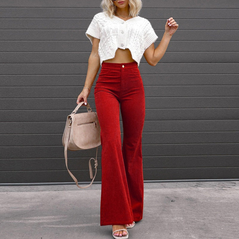 Corduroy Trousers Fashion Mid Waist Micro Flared Pants