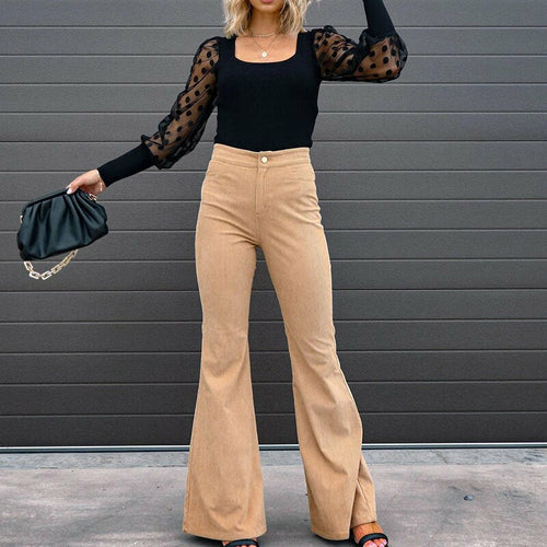 Corduroy Trousers Fashion Mid Waist Micro Flared Pants