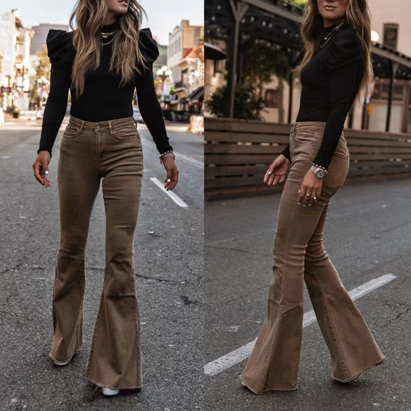 Corduroy Trousers Fashion Mid Waist Micro Flared Pants