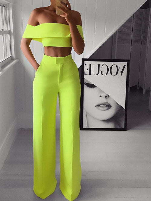 Off Shoulder Crop Tops And Pocket High Waist Trousers