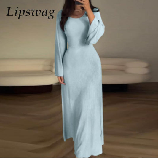 Solid Slim Bodycon Flare Sleeve Women Long Dress