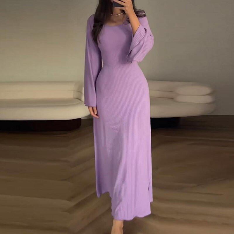 Solid Slim Bodycon Flare Sleeve Women Long Dress