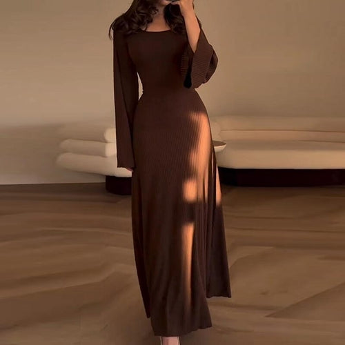 Solid Slim Bodycon Flare Sleeve Women Long Dress