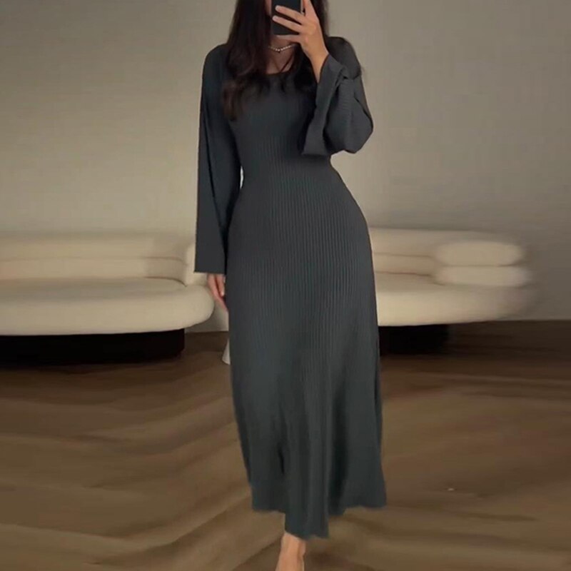 Solid Slim Bodycon Flare Sleeve Women Long Dress