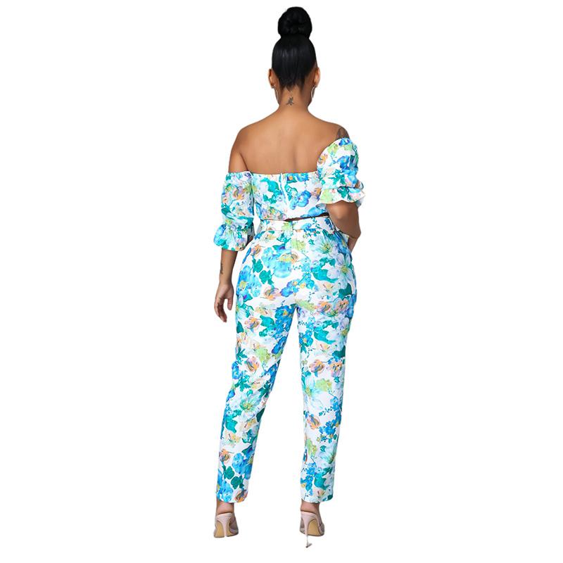 Bohemian Floral Print Two Piece Pants Set Women Sexy Summer Bodycon