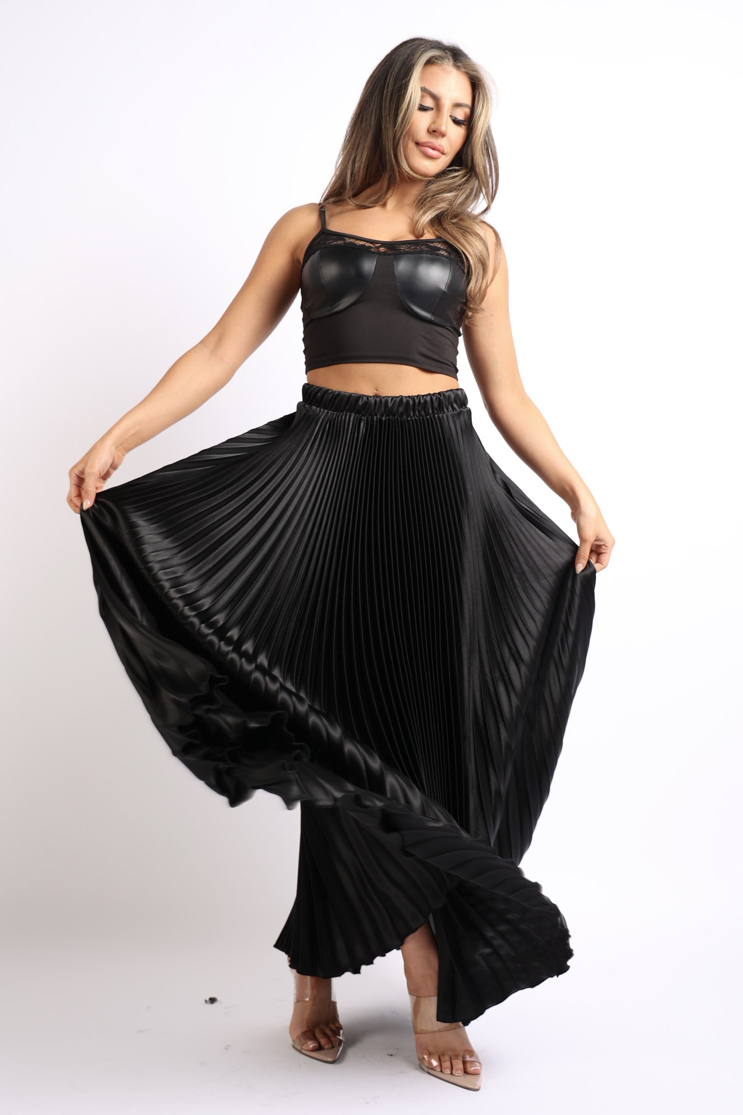 Elastic High Waist A-Line Pleated Satin Maxi Skirt BLACK