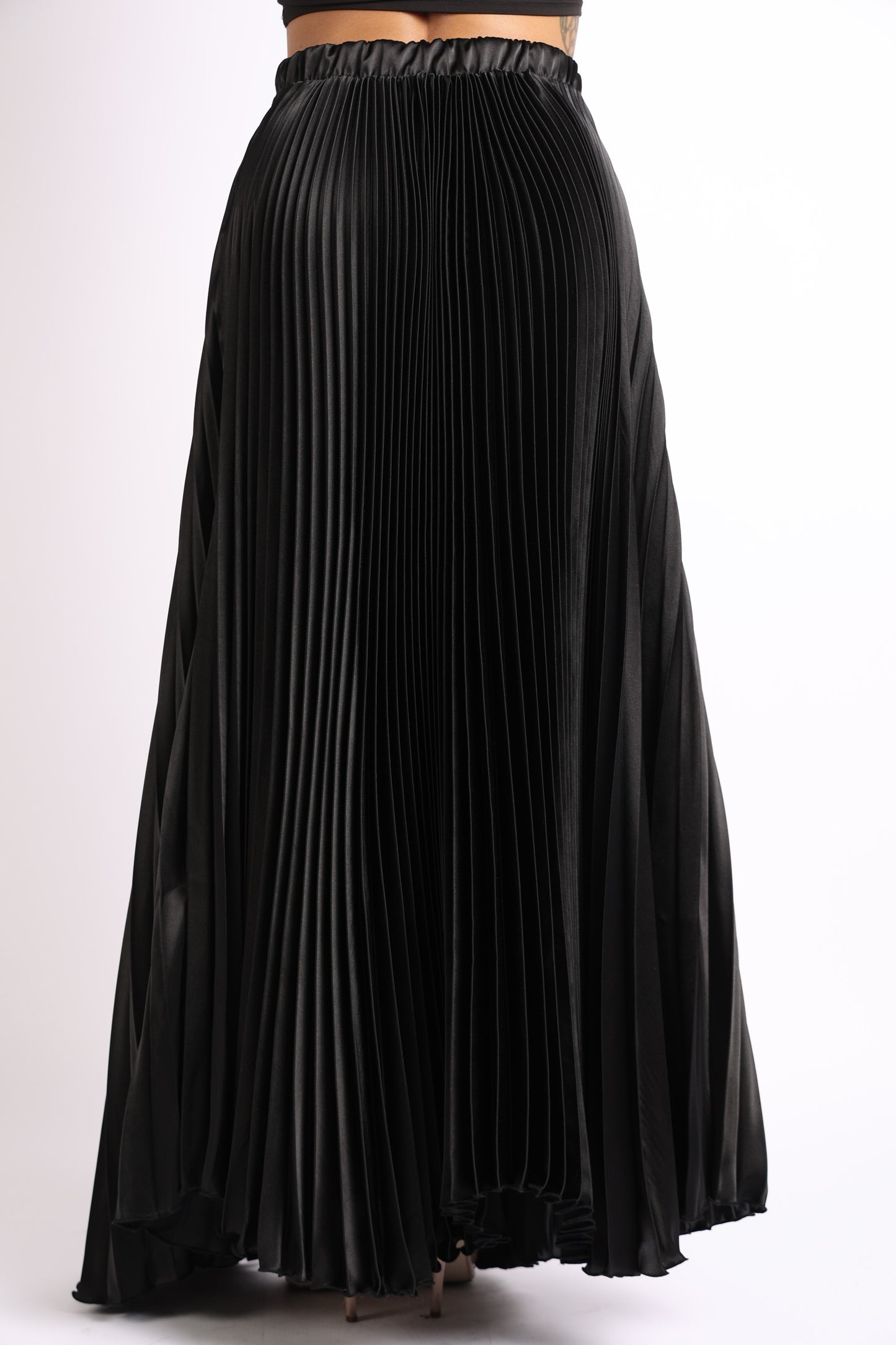 Elastic High Waist A-Line Pleated Satin Maxi Skirt Formal Prom BLACK