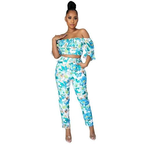 Bohemian Floral Print Two Piece Pants Set Women Sexy Summer Bodycon